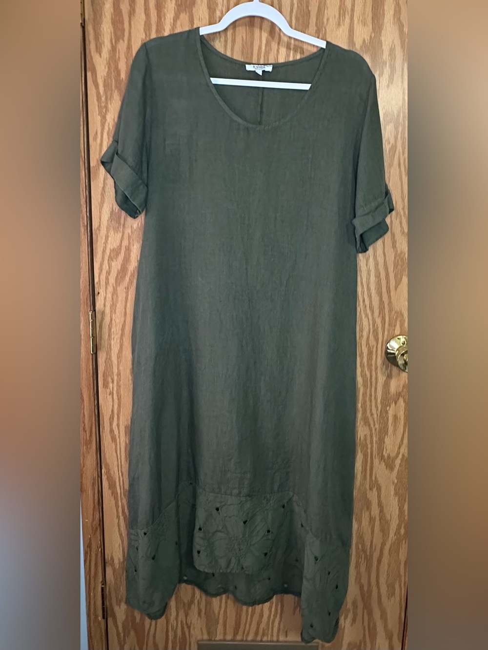 Rosemarine Short Sleeve Summer Dress Military Green 100% Linen Size M - Pockets